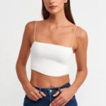 İP ASKI PAMUK CROP TOP - EKRU