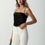 İTHAL ASKILI FLOŞ PUANTİYELİ BLUZ - SİYAH