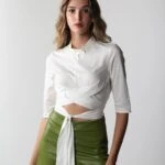 İTHAL BEL KUŞAK DETAY DİK YAKA CROP - EKRU