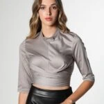 İTHAL BEL KUŞAK DETAY DİK YAKA CROP - GRİ