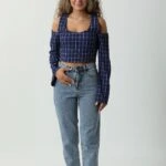 İTHAL KARELİ TAKMA KOL BLUZ - LACİVERT