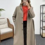 İTHAL ÖNDEN DÜĞMELİ KUŞAK DETAYLI UZUN KABAN - TAŞ