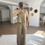 JAKAR DESENLİ SIFIR KOL VİSKON PAMUK BLUZ PANTOLON TAKIM - HAKİ