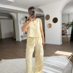 JAKAR DESENLİ SIFIR KOL VİSKON PAMUK BLUZ PANTOLON TAKIM - SARI