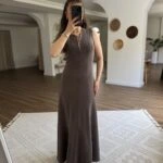 JAPONE KOL FERMUARLI PARÇA DİKİŞ UZUN PAMUK ELBİSE - KAHVE