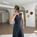 JAPONE KOL YAKA FERMUARLI DİKİŞ DETAY PAMUK ELBİSE - SOLUK SİYAH