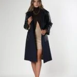 K191 KOL+CEP DERİ UZUN YÜN KABAN - LACİVERT