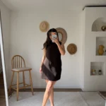 ARKA FERMUARLI CEPLİ KUMAŞ ELBİSE - KAHVE