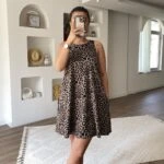 KALIN ASKI PENYE CEPLİ LEOPAR DESEN PAMUK ELBİSE - VİZON