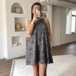 KALIN ASKI PENYE CEPLİ LEOPAR DESEN PAMUK ELBİSE - GRİ