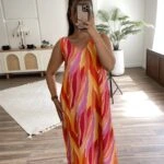 KALIN ASKI SIRT OVAL LASTİK RENKLİ DESEN ELBİSE - FUŞYA