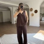 KALIN ASKI V YAKA BLUZ PANTOLON PAMUK TAKIM - KAHVE