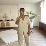 KALIN ÇİZGİ V YAKA GÖMLEK PANTOLON PAMUK TAKIM - EKRU