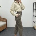 KAMYONER YAKA FERMUARLI KAZAK - KREM