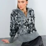 KAMYONER YAKA FERMUARLI SİM DOKUMA DESENLİ KAZAK - GRİ