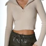 KAMYONER YAKA FİTİLLİ KISA KAZAK - BEJ