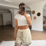 KANAVİÇE BASKI DESEN KAPAKLI PAMUK ASTARLI ŞORT ETEK - NATUREL