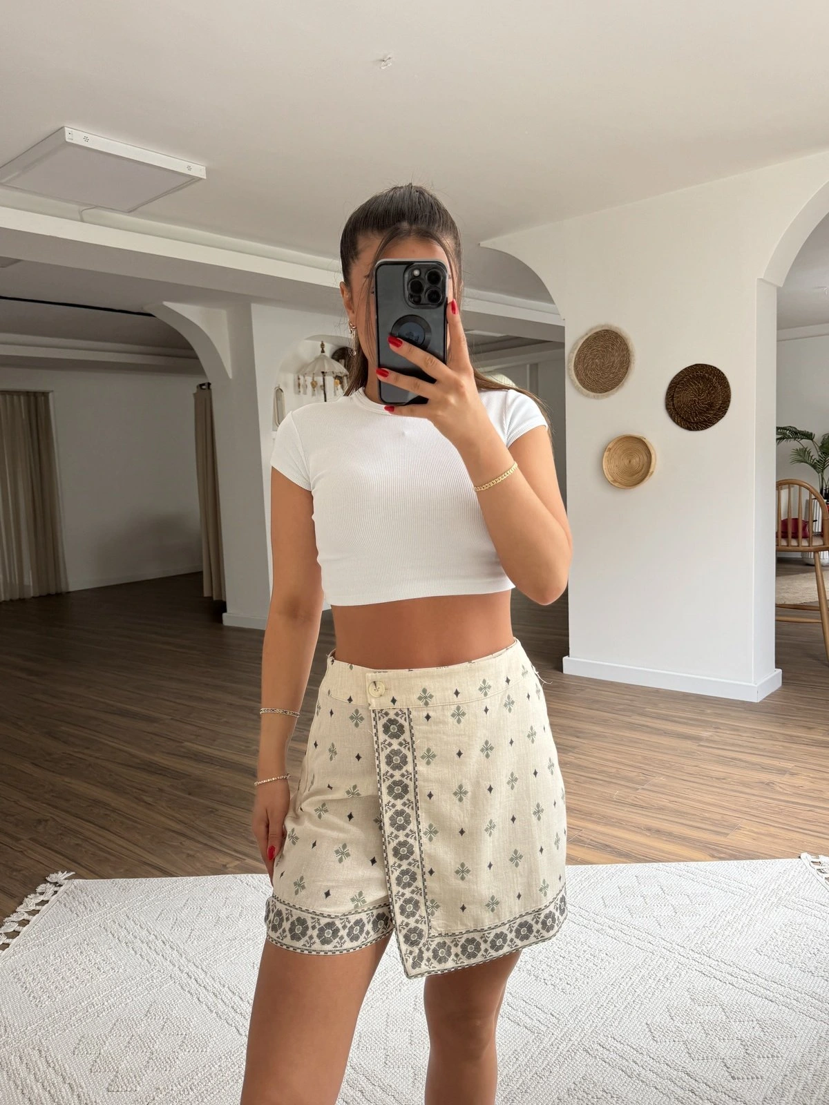 KANAVİÇE BASKI DESEN KAPAKLI PAMUK ASTARLI ŞORT ETEK - NATUREL - Görsel 1