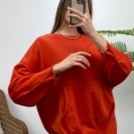 KANGRU CEP BİLEK VE ETEK UCU DİKİŞLİ SWEAT - KİREMİT