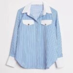 KAPAK CEP DETAY ÇİZGİLİ PAMUK GÖMLEK - SAKS