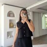 KAPAK CEP DETAY GOLD DÜĞME ŞORT ETEK PAMUK TAKIM - SİYAH