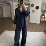 KAPAK DÜĞME V YAKA TENSEL GÖMLEK PANTOLON TAKIM - LACİVERT