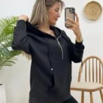 KAPİŞONLU FERMUAR DETAYLI SWEAT - SİYAH