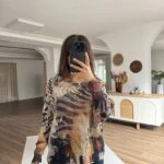 KAPLAN ÇİZGİLİ GEOMETRİK DESEN KAYIK YAKA VİSKON TRİKO - MİNT YEŞİLİ