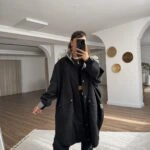 KAPÜŞONLU ETEĞİ OVAL ÇİZGİLİ ASTAR SALAŞ İNCE YAĞMURLUK - SİYAH