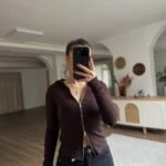 KAPÜŞONLU FERMUARLI PAMUK BLUZ - KAHVE