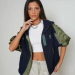 KAPÜŞONLU PARAŞÜT DETAY KISA KOL FERMUARLI SWEAT - LACİVERT YEŞİL