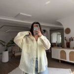 KAPÜŞONLU TEK OVERSİZE İNCE KETEN GÖMLEK - SARI