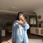 KAPÜŞONLU TEK OVERSİZE İNCE KETEN GÖMLEK - MAVİ