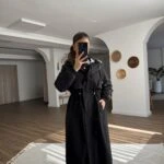 KAPÜŞONLU UZUN BEL BÜZGÜ SIRT KAPAK VİSKON TRENÇ - SİYAH