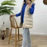 KAPÜŞONLU UZUN ŞİŞME YELEK - TAŞ