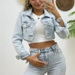 KAR YIKAMA CROP JEAN CEKET - MAVİ