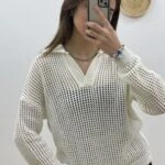 KARE AJURLU PATLI POLO YAKA TRİKO - EKRU