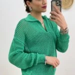 KARE AJURLU PATLI POLO YAKA TRİKO - YEŞİL