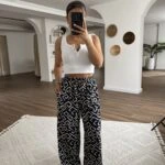 KARE DESEN İPEK KARIŞIM CEPLİ BEL LASTİKLİ PANTOLON - LACİVERT