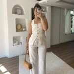 KARE YAKA ASTARLI YELEK PANTOLON PAMUK TAKIM - EKRU