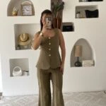 KARE YAKA ÇİMALI BOL PAÇA PANTOLON YELEK TAKIM - HAKİ