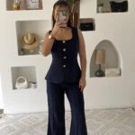 KARE YAKA ÇİMALI BOL PAÇA PANTOLON YELEK TAKIM - LACİVERT