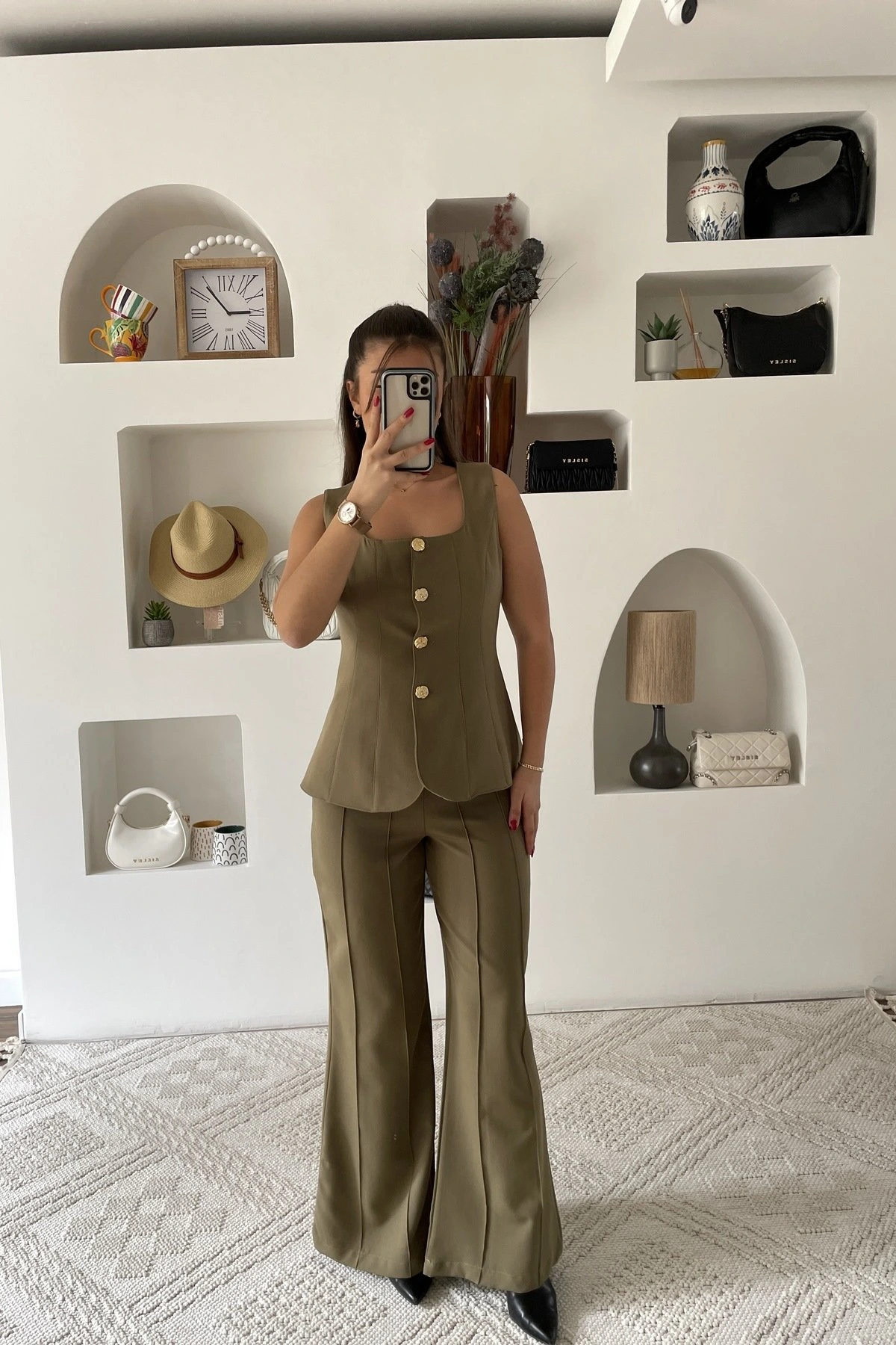 KARE YAKA ÇİMALI BOL PAÇA PANTOLON YELEK TAKIM - HAKİ - Görsel 1