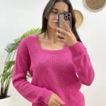 KARE YAKA DELİKLİ TRİKO - PEMBE