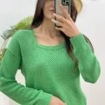 KARE YAKA DELİKLİ TRİKO - YEŞİL