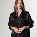 KARELİ SATEN GÖMLEK - SİYAH