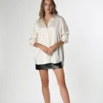 KARIŞIK ÇİZGİ SATEN GÖMLEK - EKRU