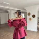 KAT YAKA DÜŞÜK OMUZ KOL BAĞ DETAY TİRİL İNCE BLUZ - BORDO