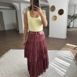 KATLI TERS DİKİŞ TAM BOY ASTARLI KEMERLİ VİSKON ETEK - BORDO