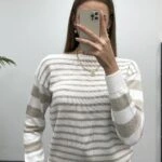 KAYIK YAKA ÇİZGİLİ KAZAK - TAŞ